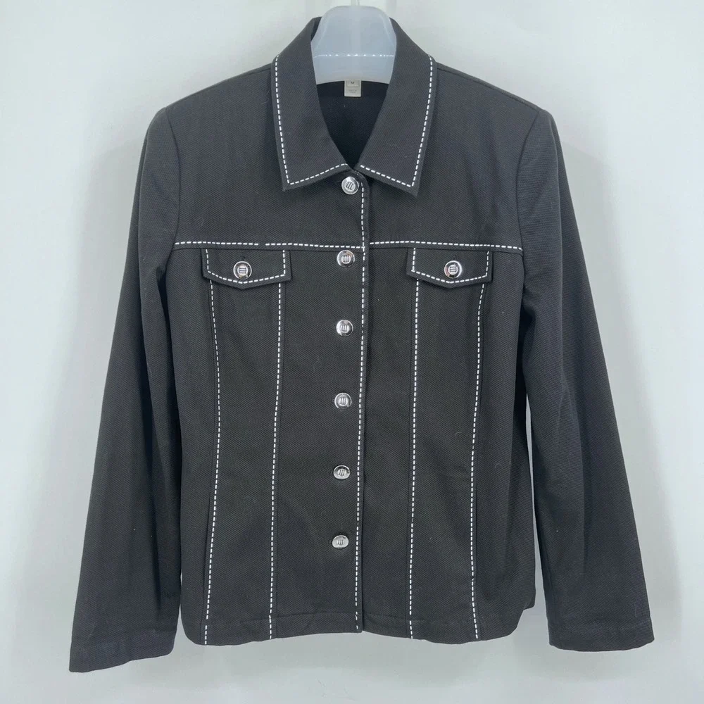 St. John Sport Black Trucker Jacket Paillettes Nautical‎ Ribbon Size M